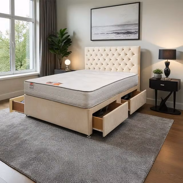 Knight Sleep Athens Upholstered Plush Bed Set with Mattress and Drawers in White and Beige, W/D/H: 140 x 200 cm