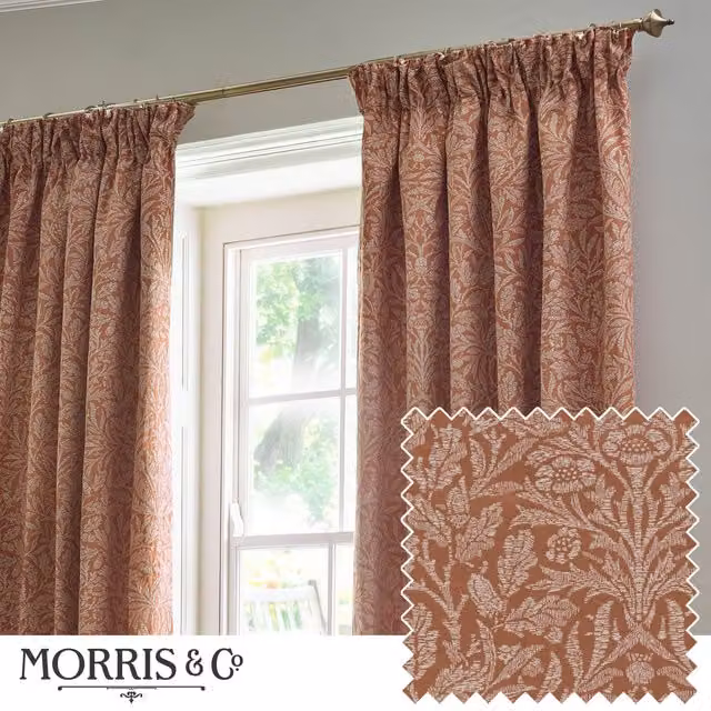 Morris & Co. Acorn Tonal Matt Jacquard Pencil Pleat Curtains, Red and White Floral Design, W: 168 cm, H: 229 cm – 1