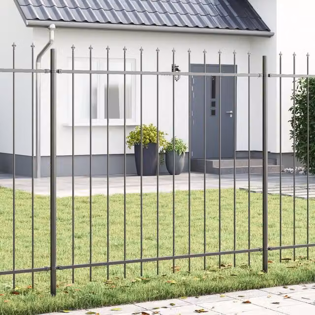 Berkfield Home Grey Powder-Coated Steel Garden Fence with Spear Top, W: 6.8 m, H: 1.5 m – 1