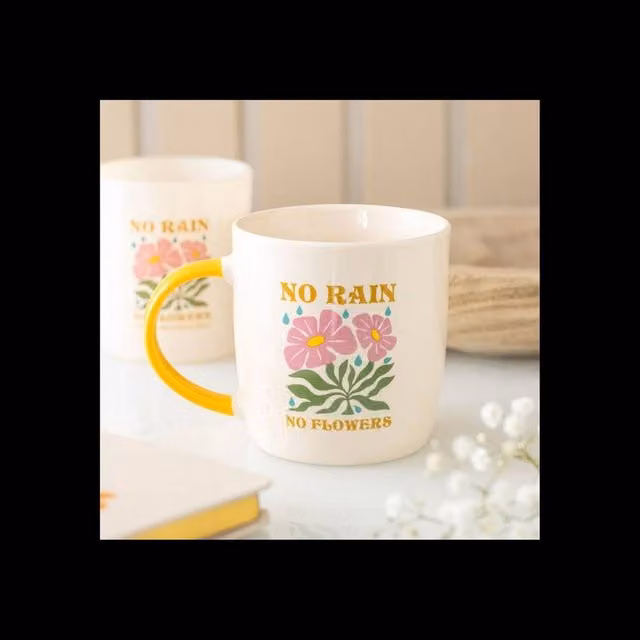 KDMD No Rain No Flowers Motivational Mug, White with Yellow Handle, 370ml – 1
