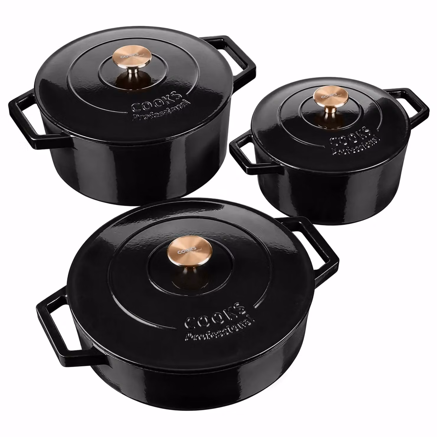 Cooks Professional Set of 3 Black Enamelled Cast Iron Casserole Dishes with Lids, Diameter: 20 cm, 26 cm and 28 cm – 2