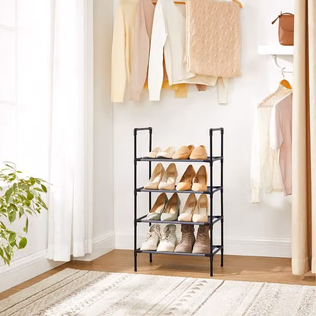 SONGMICS 4-Tier Metal Shoe Rack with Adjustable Shelves in Grey and Black