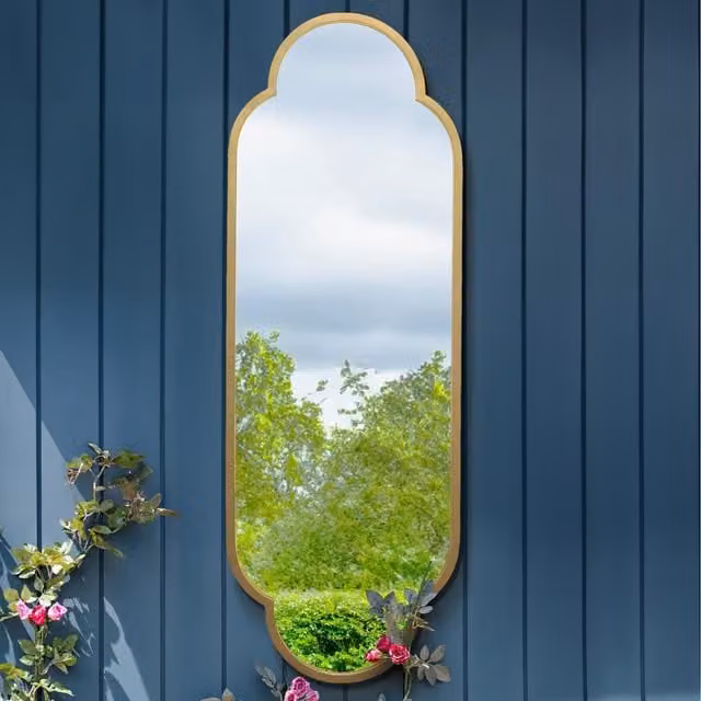 MirrorOutlet Duplici Gold Double Arched Modern Hanging Garden Mirror in Gold and Black, Height: 150 cm