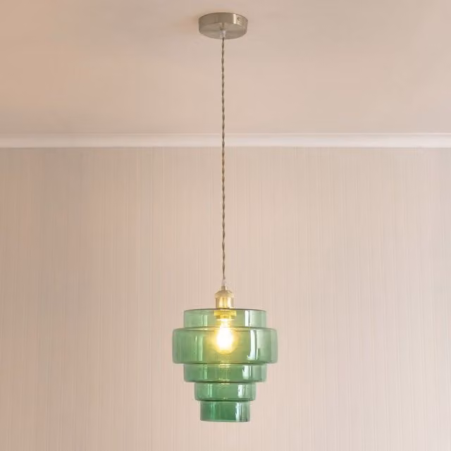 ValueLights Lane 5 Tier Layered Glass Ceiling Pendant Light in Green with Brushed Chrome Finish
