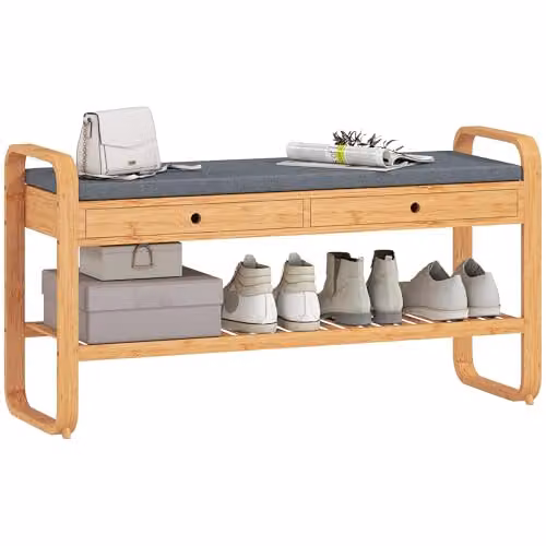 HOMCOM Shoe Bench with 2 Drawers in Natural Wood Finish and Grey, W/D/H: 105 x 33.2 x 55 cm – 1