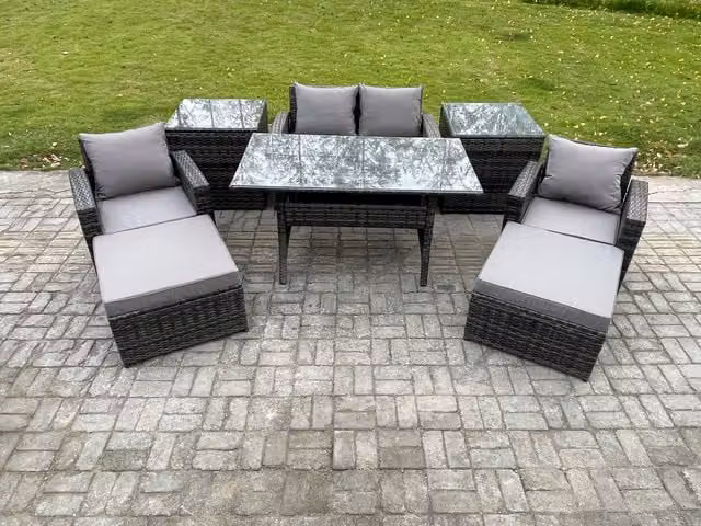 Fimous Outdoor Lounge Sofa and Dining Set in Dark Grey Rattan with Rectangular Glass Top Table, Double Seat Sofa, Armchair and 2 Side Tables
