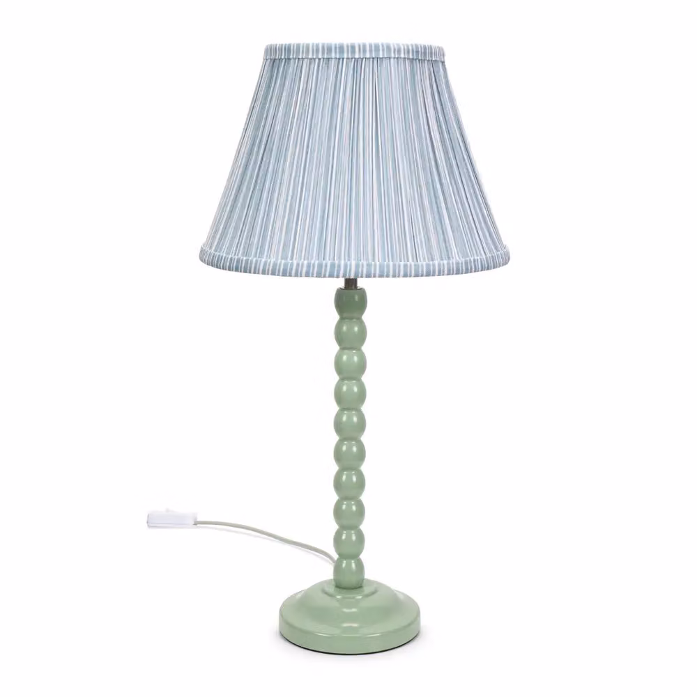 ValueLights Bobbin Ceramic Table Lamp in Sage Green with Blue Pleated Fabric Shade – 2