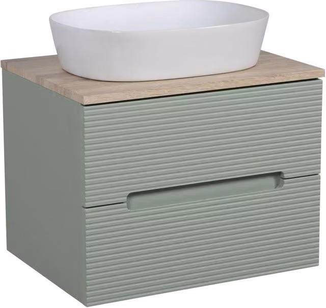 Bathroom Kingdom Monza Green and Oak Fluted Wall Hung Basin Vanity Unit with Soft Close Doors and Internal Drawers, Width: 60 cm