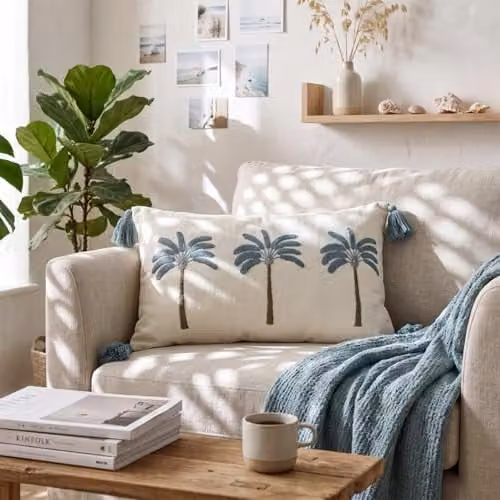 Homescapes White Embroidered Palm Cotton Cushion with Tassels and Removable Cover, W/D/H: 50 x 30 x 0 cm – 2