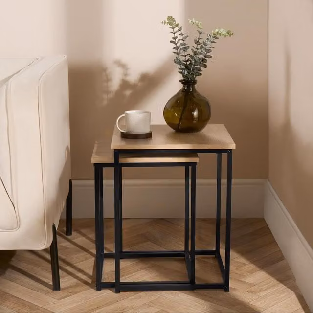 OHS 2 Piece Square Wooden Side Tables with Nested Tops in Brown