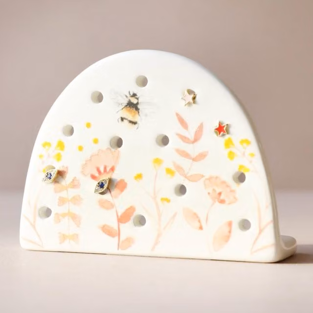 Lisa Angel Round Ceramic Floral Bee Earring Holder in Pink and White
