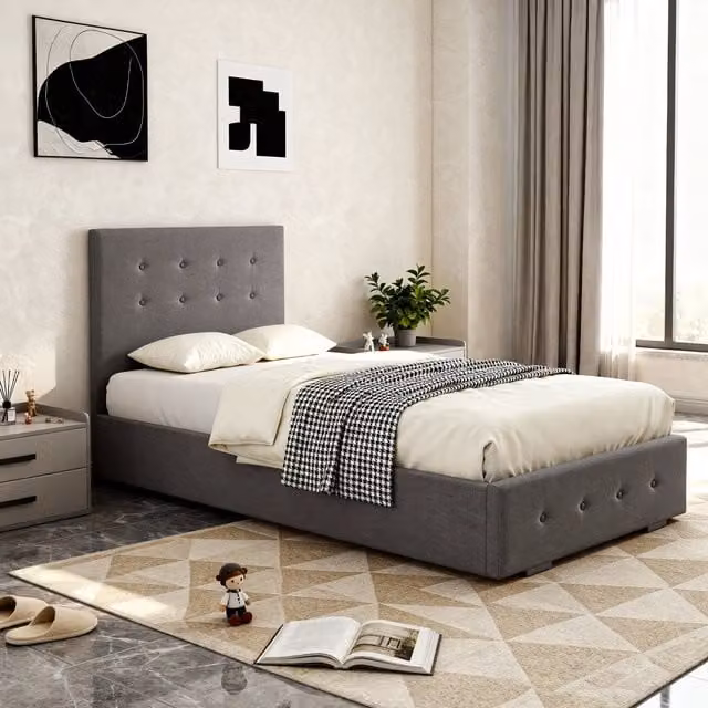 Comfy Living Grey Fabric Upholstered Ottoman Storage Gaslift Bedframe, W/D/H: 90 x 200 cm