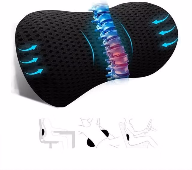 KORVIXA Contoured Memory Foam Lumbar Support Pillow with Removable Breathable Mesh Cover, Black, Single