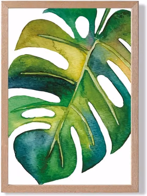 ARTZE Monstera Abstract Watercolour Botanical Framed Print in Green with Oak Frame, A3