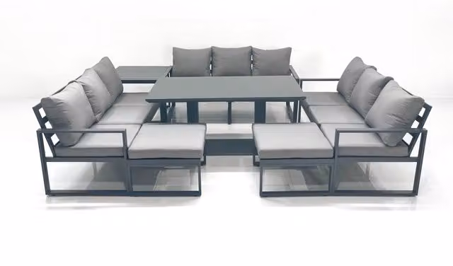 Fimous 11 Seater Garden Sofa Set with Height Adjustable Rising Dining Table, Side Table and 2 Big Footstools in Dark Grey Aluminium