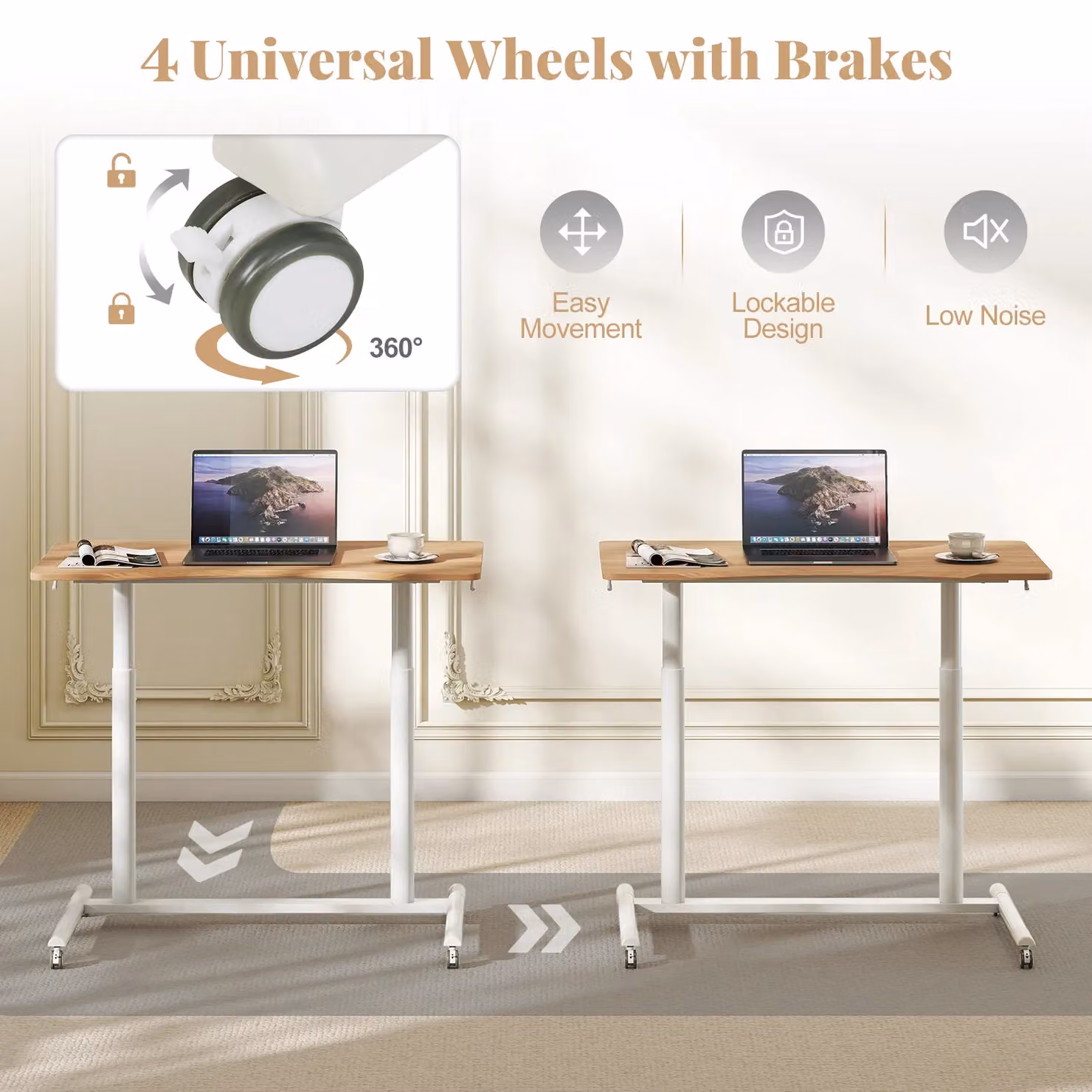 Costway C-Shaped Mobile Standing Desk with Adjustable Height and Castors in Beige – 6