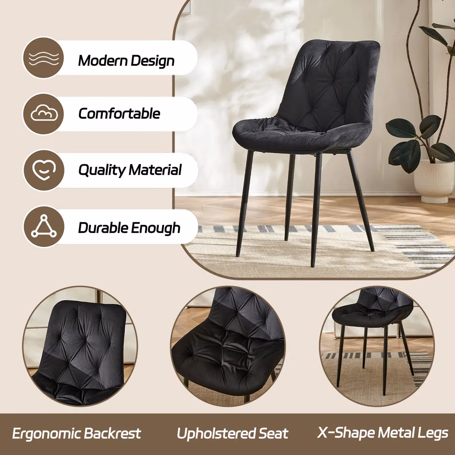 SONARA Modern Set of 4 Black Velvet Dining Chairs with Ergonomic Upholstered Seats and Metal Legs – 3