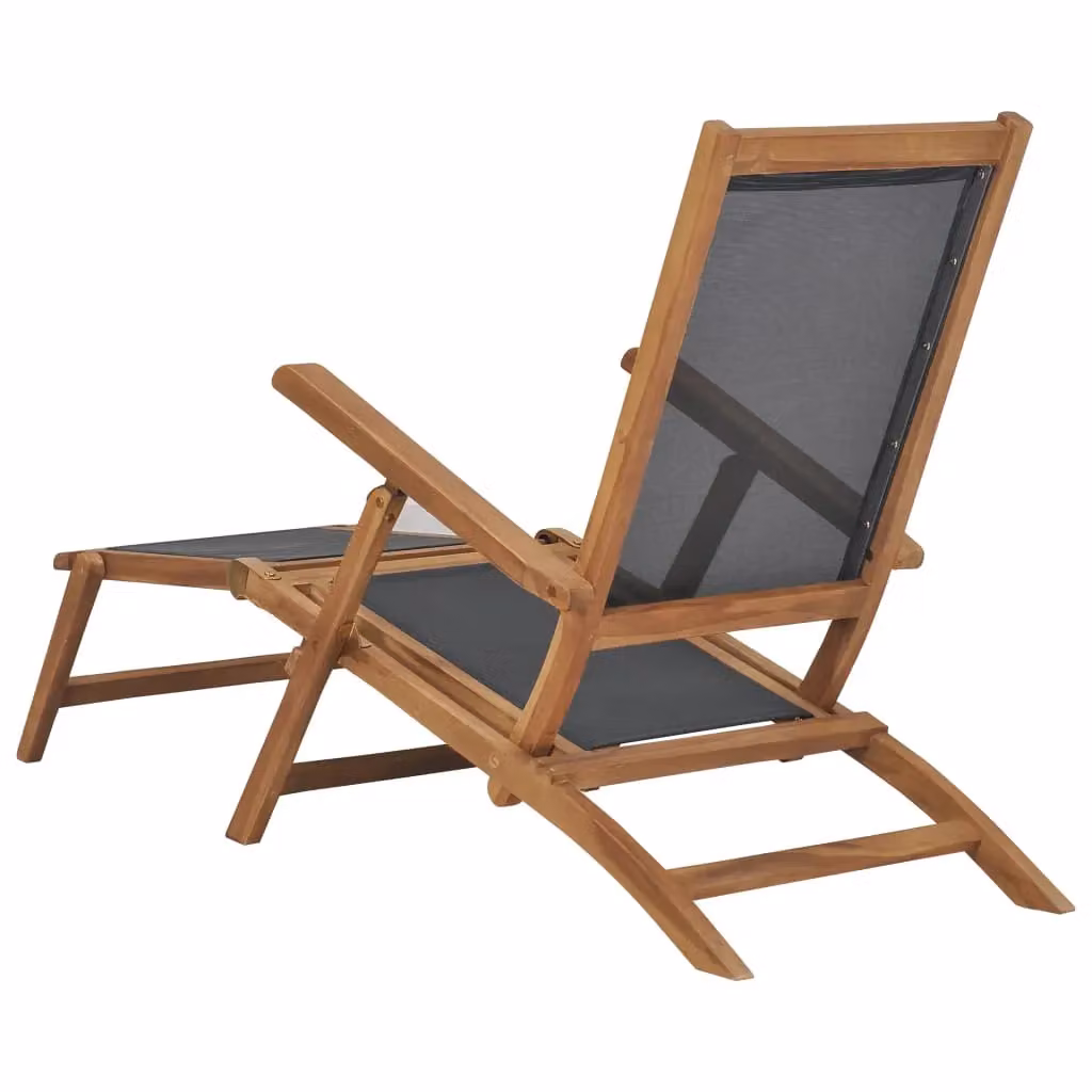 Berkfield Home Deck Chair with Footrest in Black Solid Teak Wood and Textilene – 3