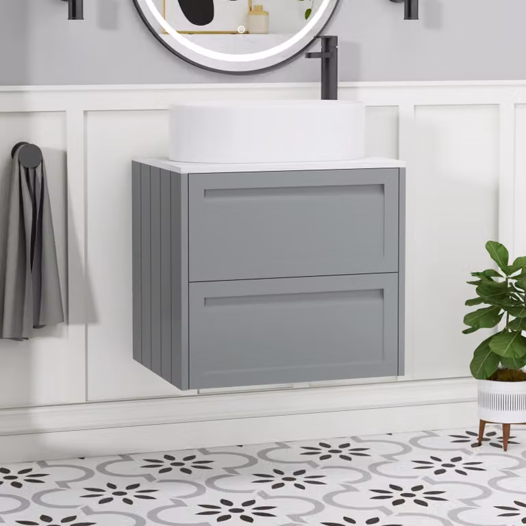 Royal Bathrooms Elmore Wall Hung Countertop Vanity Unit with Peak Basin, Matt Pebble Grey, Width: 60 cm