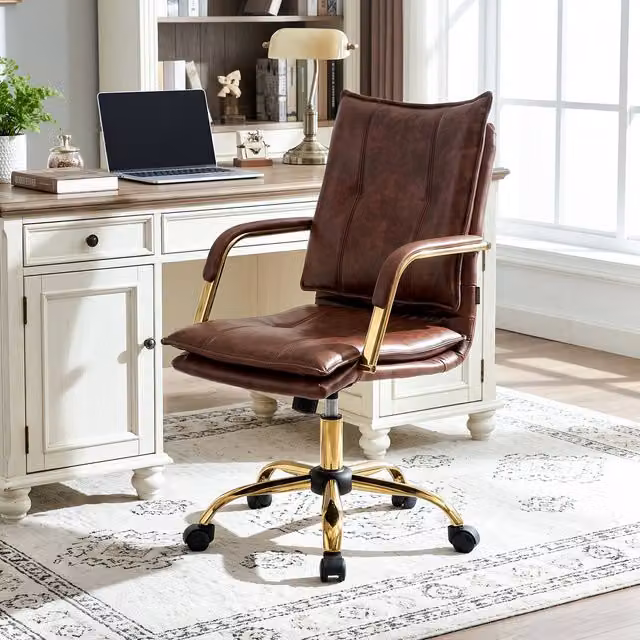 Livingandhome Modern Ergonomic Office Chair with Armrests in Brown Synthetic Leather