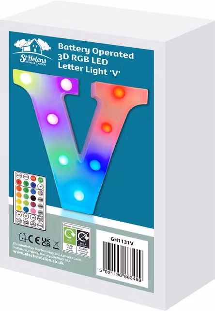 St Helens Battery Operated RGB LED Letter V with Remote Control, White