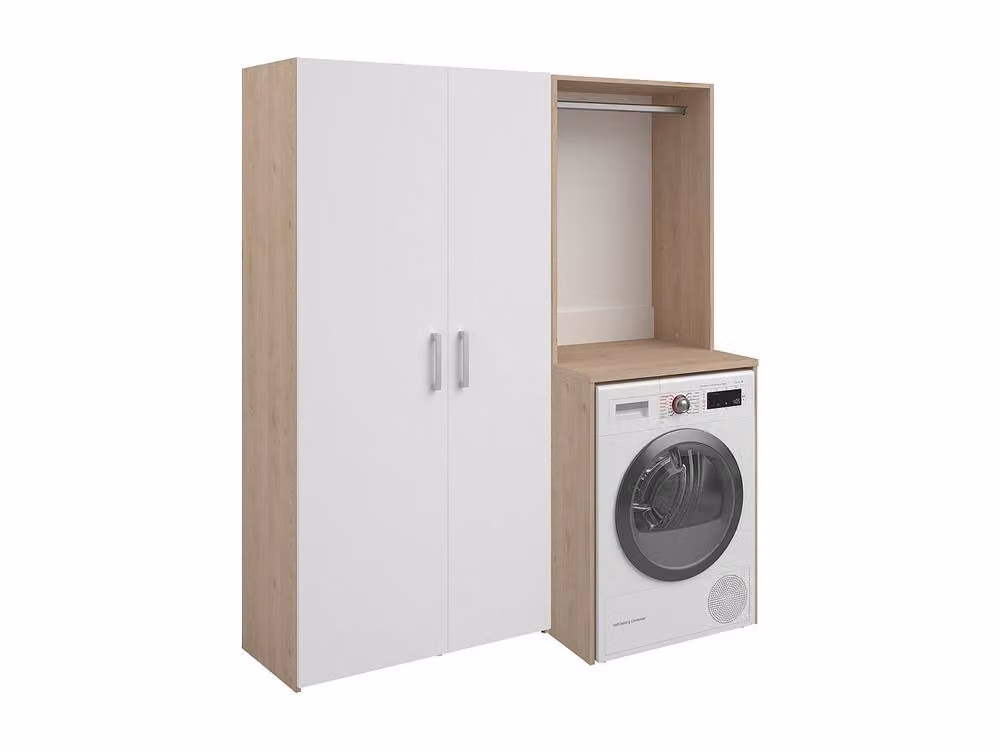 Erkano Freestanding Laundry Unit with Wardrobe and Double-Door Cabinet in White and Beige – 2