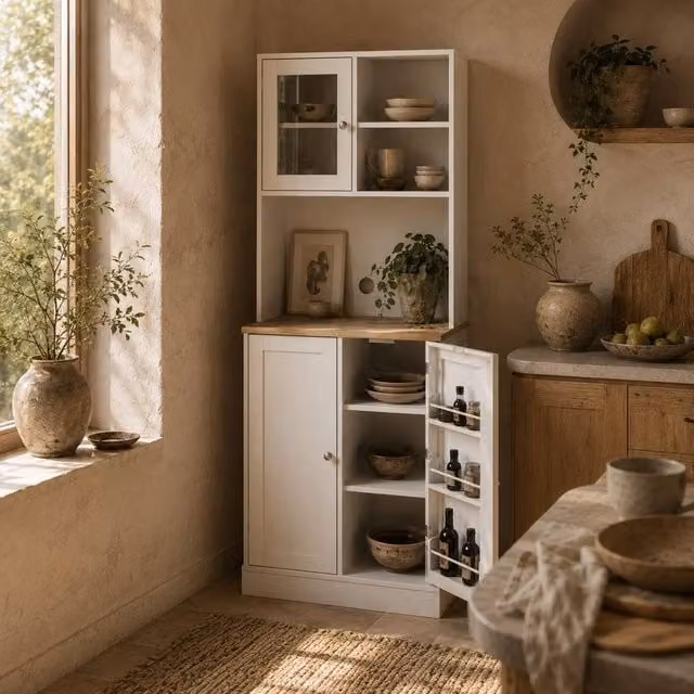 Wyld Haus Tabetti Modern White Kitchen Storage Tall Unit with Glass Doors, W/D/H: 60.0 x 35.0 x 169.0 cm