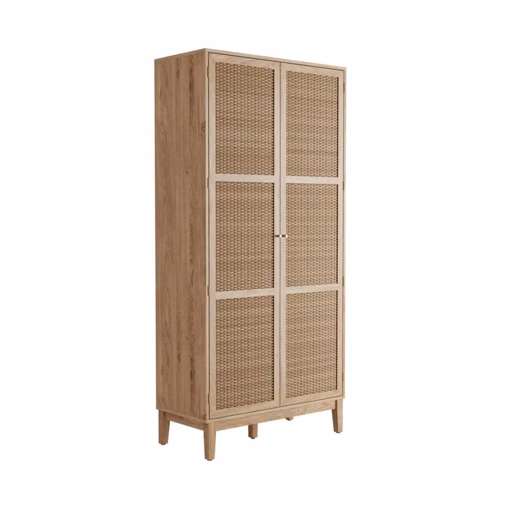 Wyld Haus Waterford Oak and Rattan 2 Door Wardrobe in Brown and Gold, H 181 cm x W 85 cm x D 55.7 cm – 2