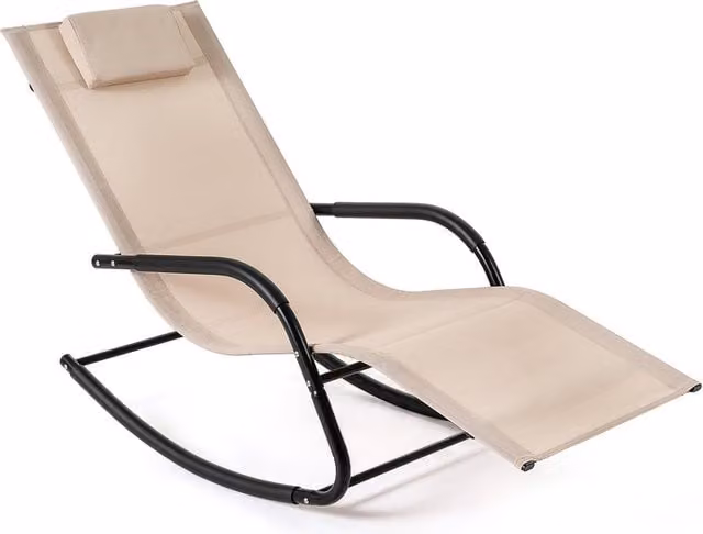 Costway Beige Patio Rocking Lounge Chair with Adjustable Headrest and Armrests