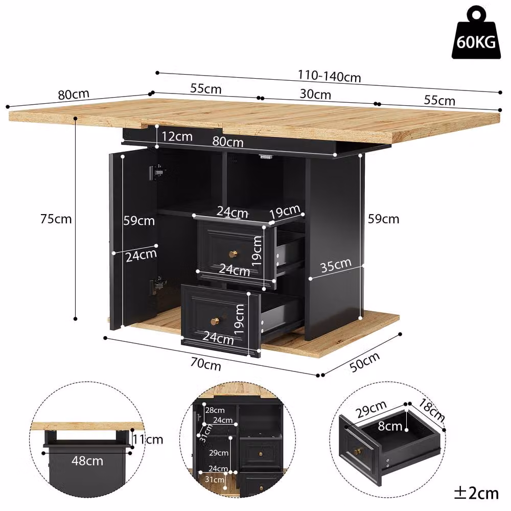 BTM Extendable Rectangular Dining Table in Black with Butterfly Leaf for 6 People – 6