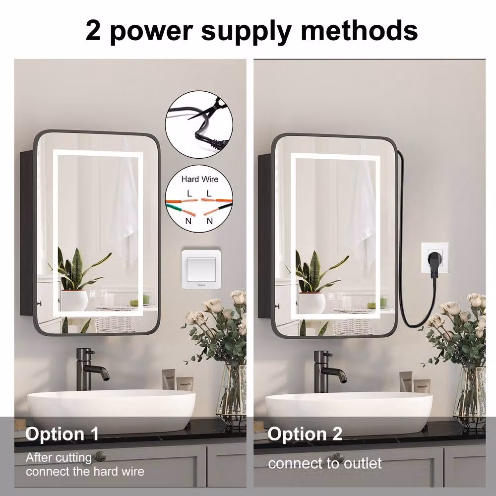 KEEPREAPER Black LED Bathroom Mirror Cabinet with 3-Colour Lighting, Demister and Touch Control, W: 40 cm, H: 60 cm – 3
