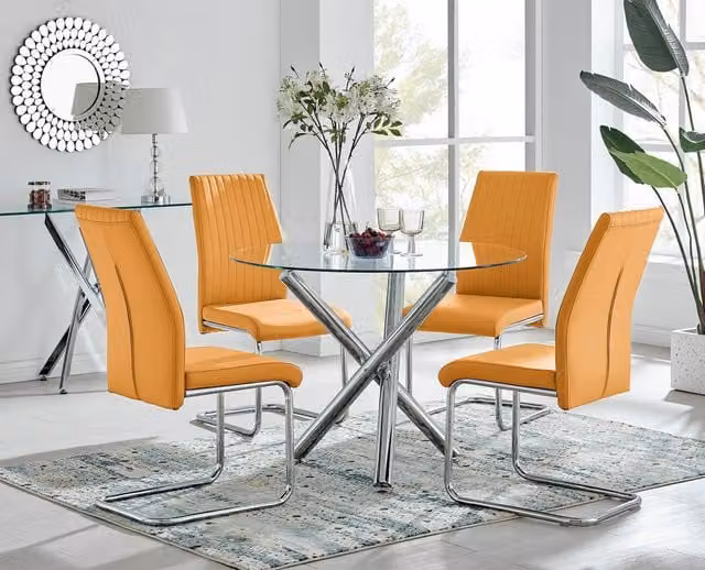 FurnitureboxUK Selina Round Glass and Chrome Metal Dining Table and Lorenzo Chairs Set in Yellow – 1