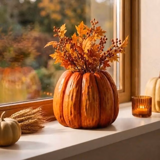 Garden Greatness Autumnal Ceramic Pumpkin Planter Pot, Orange and Multicolour, H: 13.5 cm, W: 16.0 cm, D: 32.0 cm