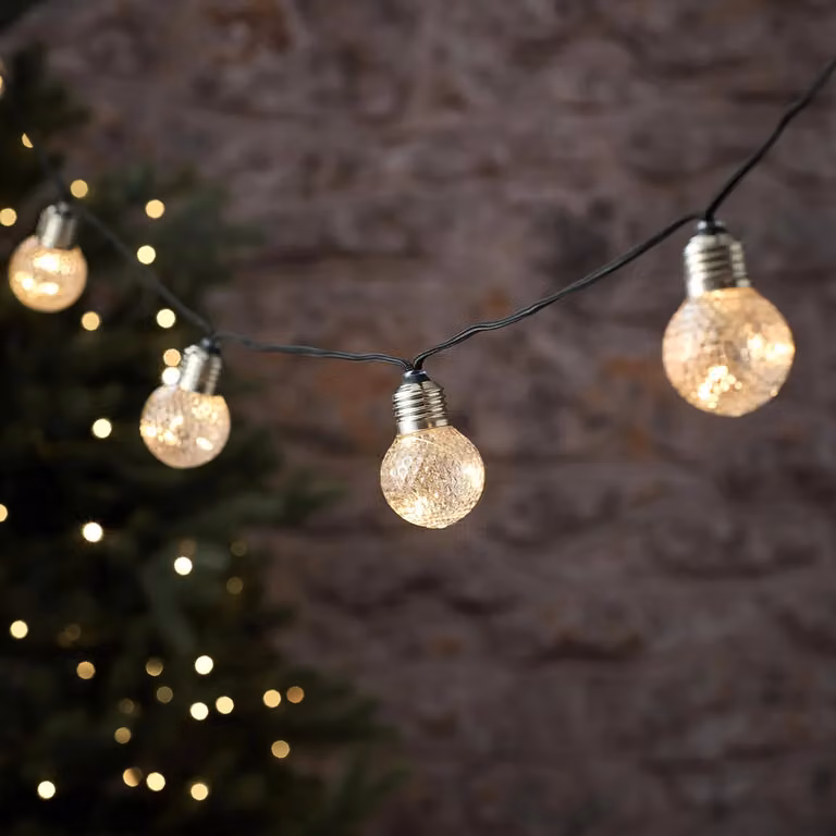 Lights4fun 10 Faceted Globe Festoon Outdoor Micro LED String Lights in Warm White with Transparent Glass Spheres