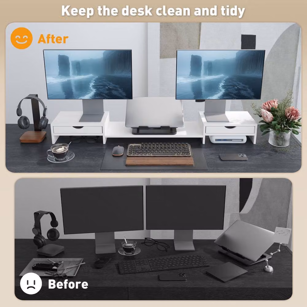 STILVORA Adjustable Monitor Stand Riser with 2 Drawers, White – 7