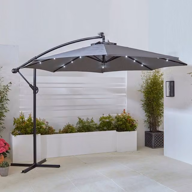 Neo 3M Cantilever Freestanding Parasol with LED Lights in Grey