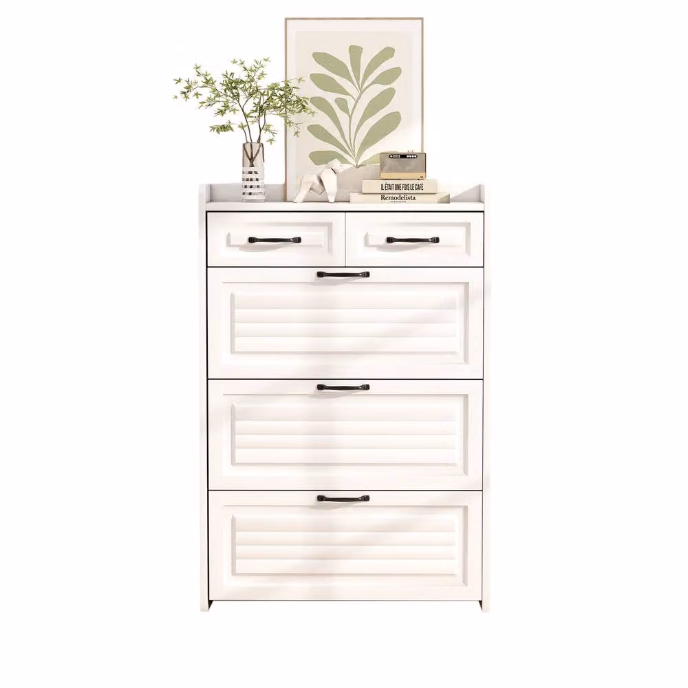BTM White Narrow Shoe Storage Cabinet with Tilting Compartments and Drawers, H 131 x W 80 x D 23.5 cm – 4