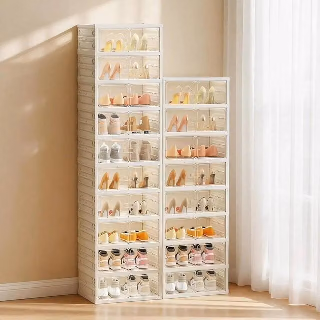 VOGREX Foldable Stackable Shoe Storage Cabinet with Transparent Glass Doors in Beige