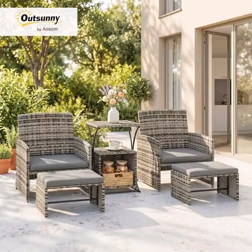Outsunny 6 Piece L-Shape Rattan Garden Furniture Set with Upholstered Cushions and Coffee Table in Grey – 2