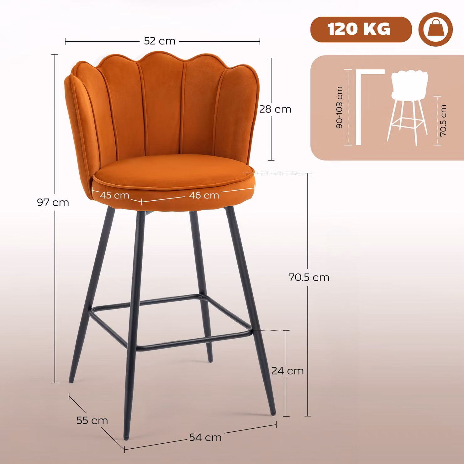 HOMCOM Set of Two Modern Orange Velvet Fabric Lotus Bar Stools with Metal Legs – 3