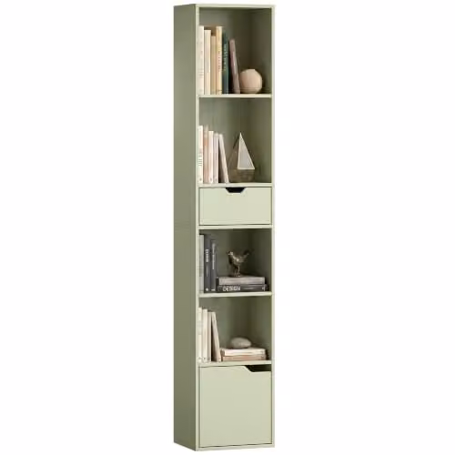 HOMCOM 6-Tier Slim Green Bookshelf with Drawer, W/D/H: 30 x 24 x 158 cm