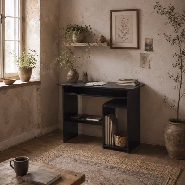 Wyld Haus Moke Black Corner Desk with Storage Shelves and Keyboard Tray W: 80 cm