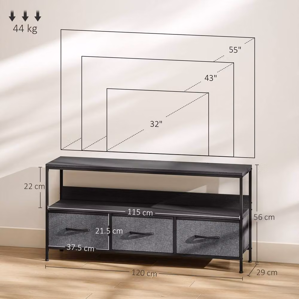 Wyld Haus Avanor Modern Black TV Storage Unit with 3 Fabric Drawers W/D/H: 120 x 29 x 56 cm – 3