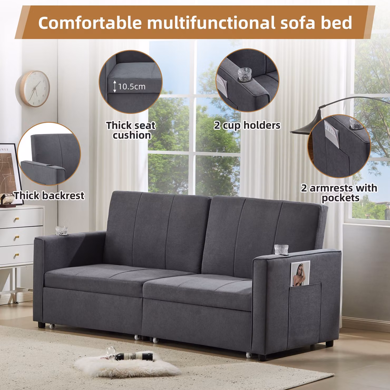 Aosom UK Modern Convertible Fabric Sofa Chair with Cup Holders and Side Pockets, King Size Pull Out Sofa Bed, Grey, W/D/H: 87 x 207 x 96 cm – 5