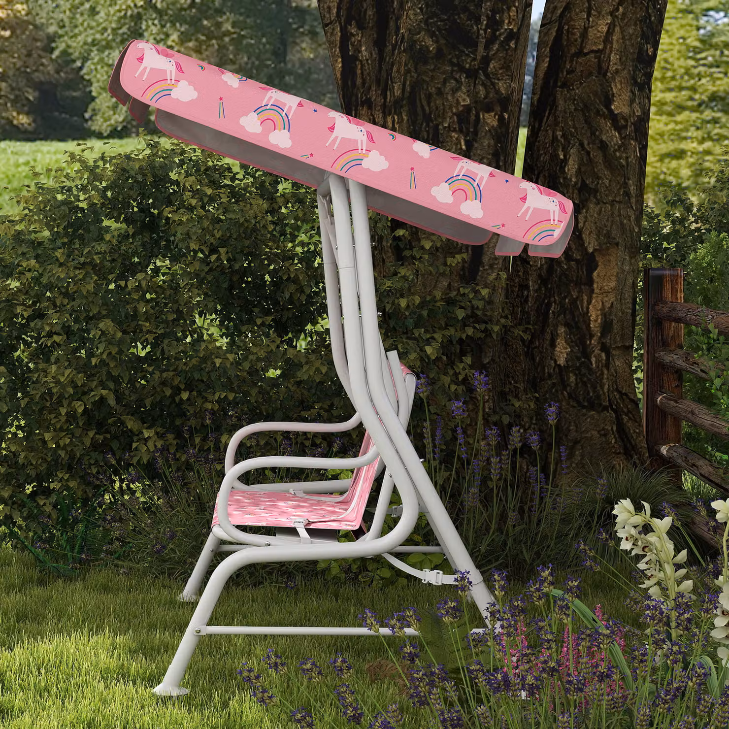 AIYAPLAY 2-Seater Kids Porch Swing Bench with Adjustable Canopy and Seat Belts, Pink – 5
