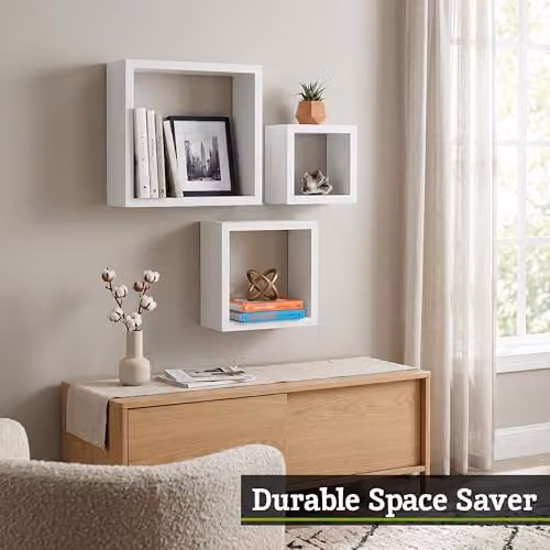 Orsina Set of 3 White MDF Wall Mounted Cubes with Back Panel, Modern Floating Storage Shelves for Living Room or Home Office – 5