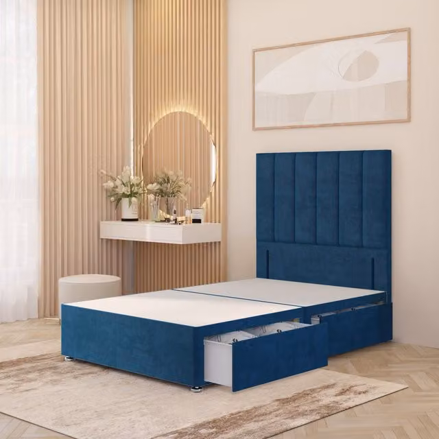 Somnior Beds Ltd Modern Upholstered Velvet Bed Frame with Headboard and Drawers, Blue, W/D/H: 140 x 200 x 34.5 cm