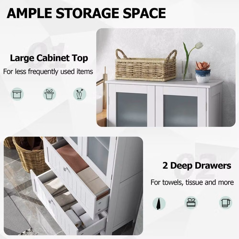 KORVIXA Freestanding White Bathroom Storage Cabinet with Glass Doors and Internal Shelves, W: 90 cm, H: 65 cm – 4