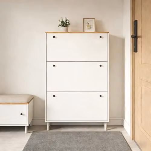 HYGRAD BUILT TO SURVIVE White Wooden Shoe Cabinet with Tilting Compartments and 3 Drawers, W/D/H: 80 x 24 x 119.5 cm – 2