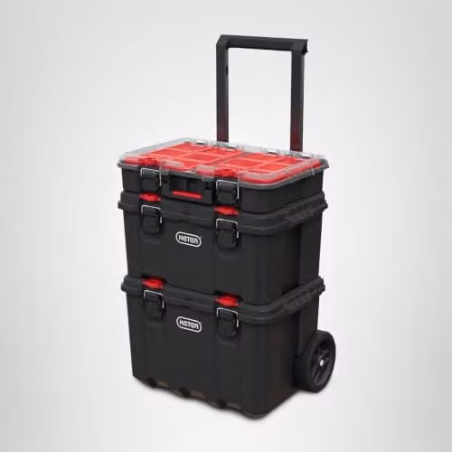 Keter Stack n' Roll Modular DIY Tool Storage System Cart with Wheels, Black and Transparent, Stackable and Lockable – 4